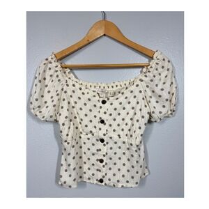 Monteau Top Women L Cream Polka Dot Smocked Button Front Linen Coquette NWT